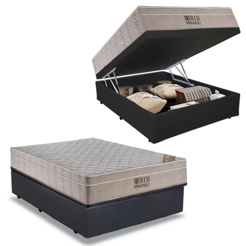Cama Box com Baú Casal Airtech Pillow Top Molas Ensacadas Tecido Liso Cinza Ortobom - Ortobom