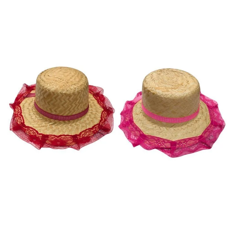 Chapéu de Palha Junino Sobral com Renda Luiz Gonzaga 8X28CM 01 Unidade Rosa Vermelho