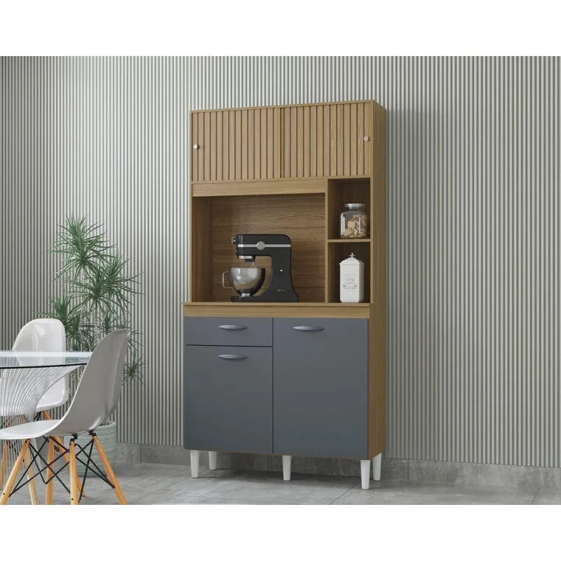 Cozinha Compacta Armário Organizador Duda 90cm Com Gaveta Damasco/ripado Cinza - Não Informado - Móveis