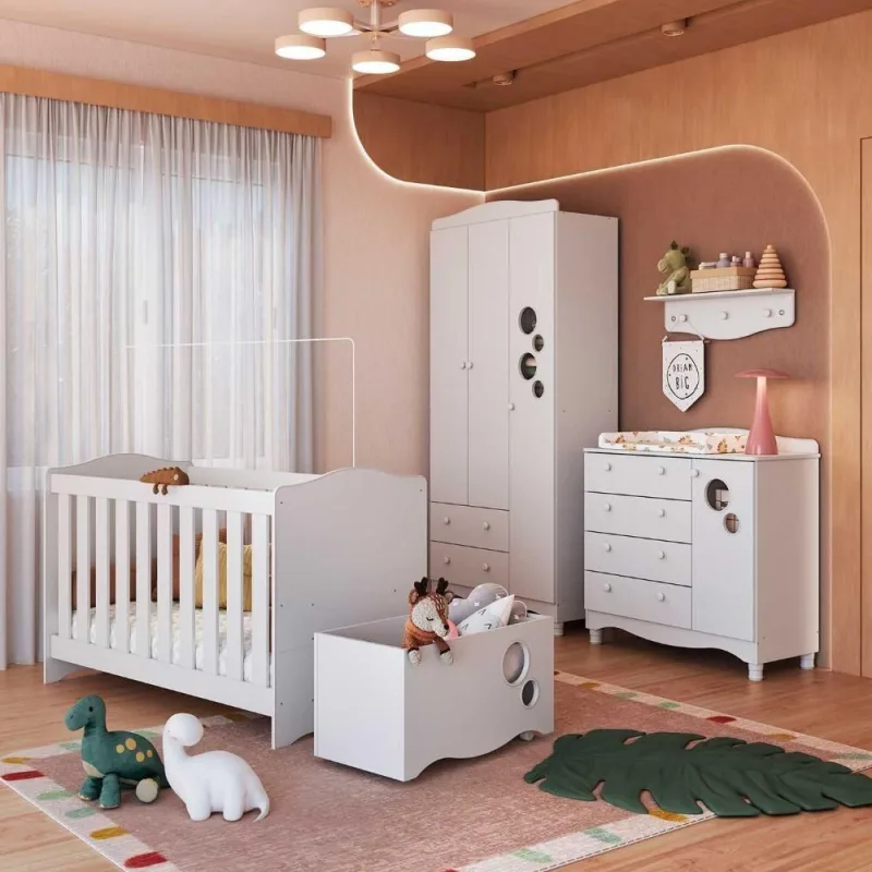 Quarto Infantil 5 Peças com Berço Guarda Roupa Cômoda Prateleira Caixa Organizadora 4 Portas 6 - completa móveis - Agro