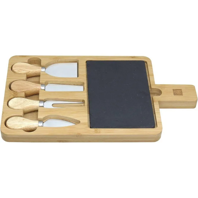 Jogo 4 Peças Para Queijo Home&co Com Tabua De Corte Em Ardosia Bambu Natural