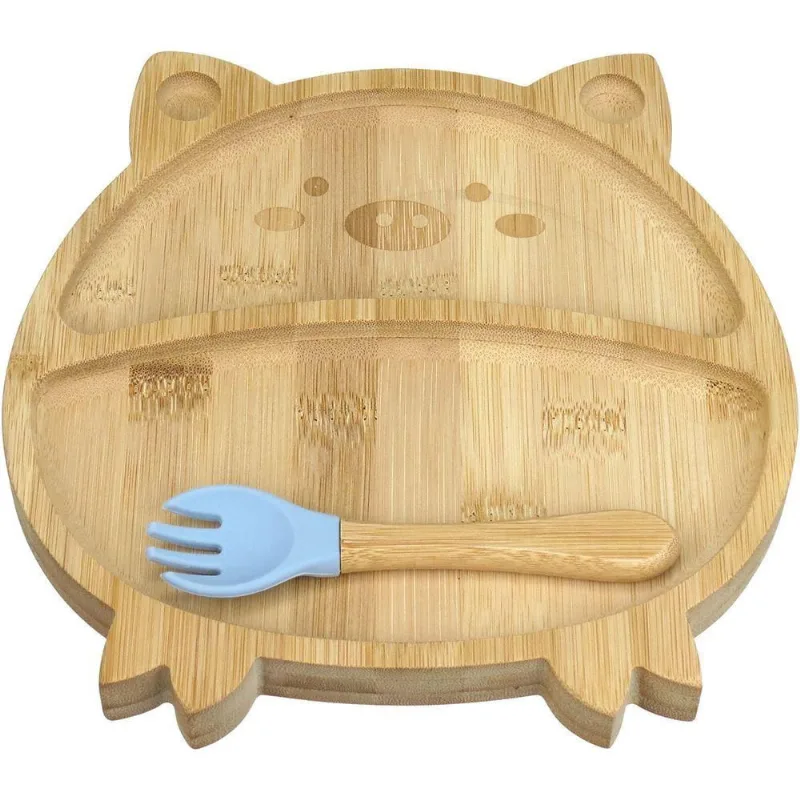 Prato Infantil Bebê Criança Com Garfo E Ventosa Home&co Porquinho Bambu 3x22x21cm Natural
