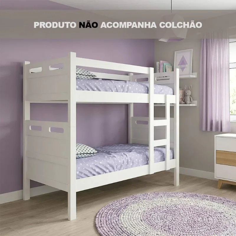 Cama Beliche Jaspe Solteiro com Escada Integrada e Grade de Proteção Branco