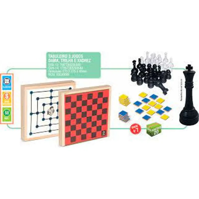 Jogo em Tabuleiro Dama Xadrez e Trilha Iob
