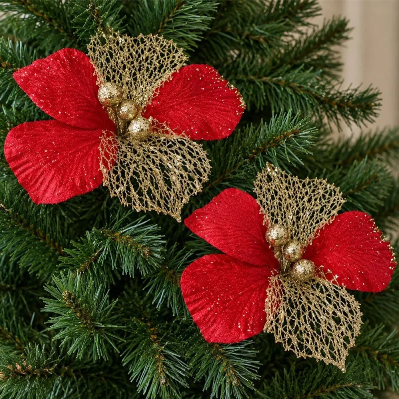 Flor Natal Vermelha Artificial Decoração 20x13cm Kit 18pçs - Genérico - Natal
