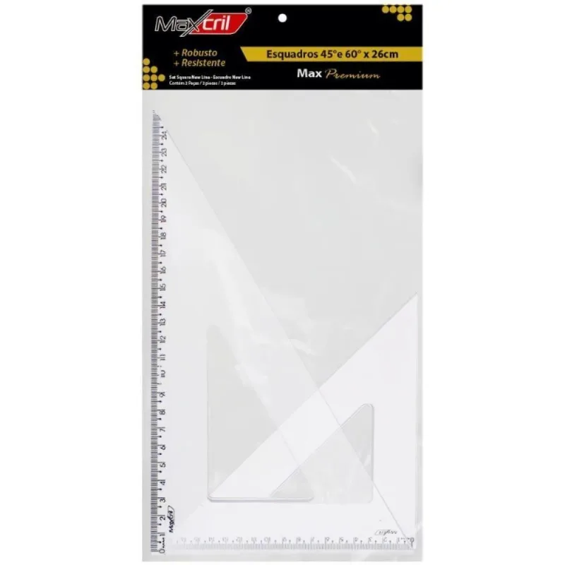 Esquadros Maxcril Max Premium 45° e 60° Tamanho 26CM para Medições e Desenhos Precisos