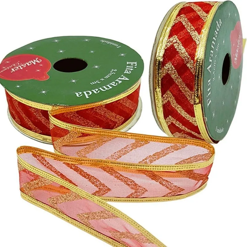 Kit 8 Fita Aramada Natalina para Artesanato com Gliter Dourado Vermelho 2 e 5cm X 3m