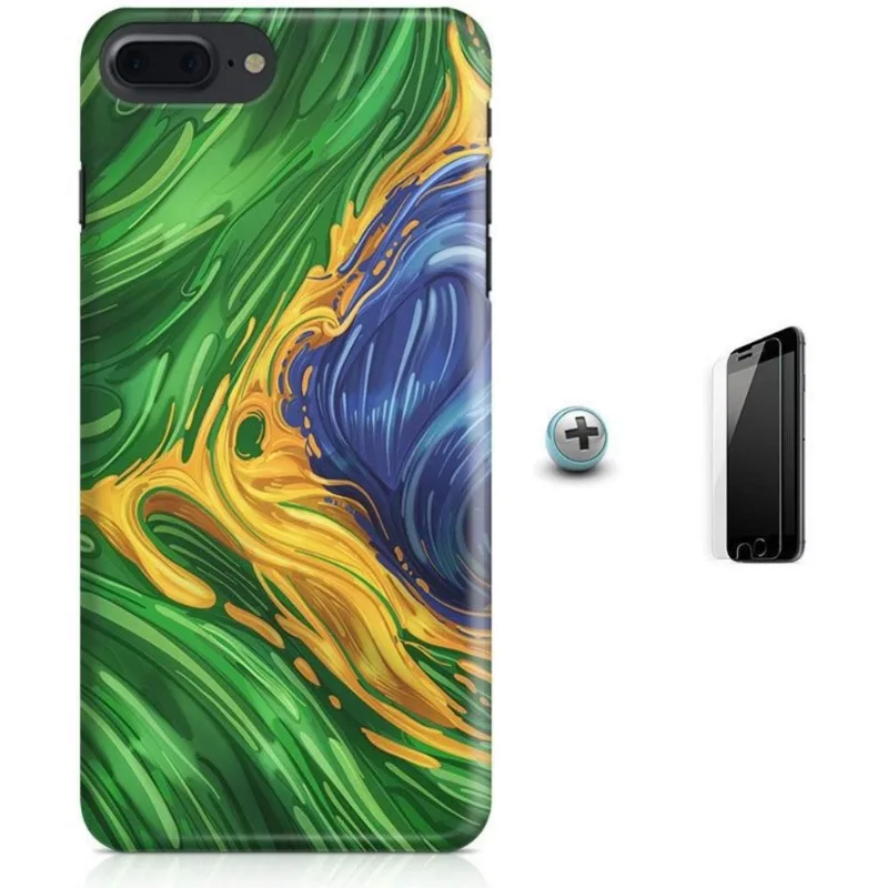 Kit Capa iPhone 7 Plus - Bandeira Brasil + Pel Vidro B30