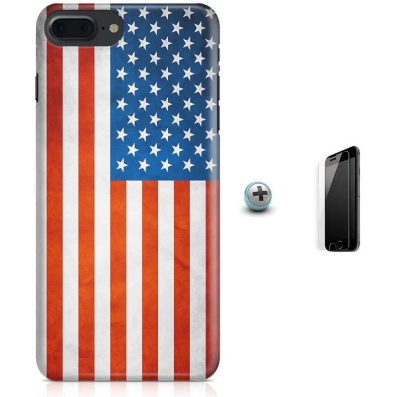 Kit Capa iPhone 7 Plus - Bandeira EUA - USA + Pel Vidro B30