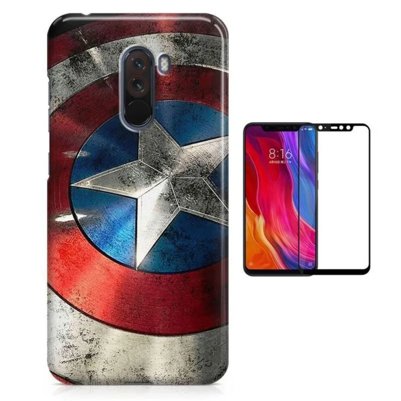 Kit Capa Case TPU Xiaomi Pocophone F1 Capitão America Escudo + Pel Vidro(BD01)