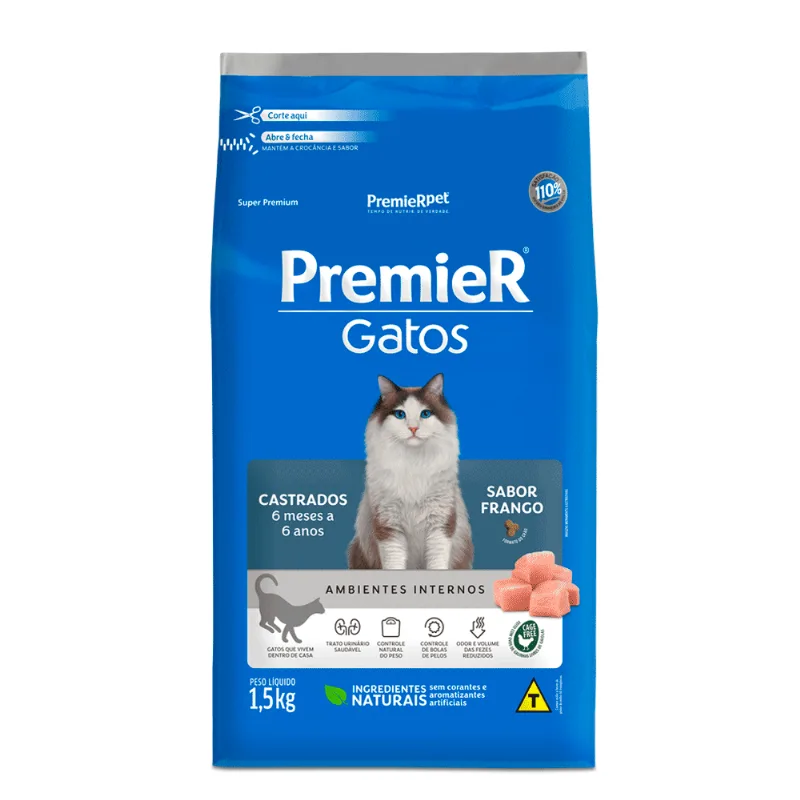 Ração Premier Ambientes Internos Gatos Castrados 6 Meses a 6 Anos Frango 1, 5 kg