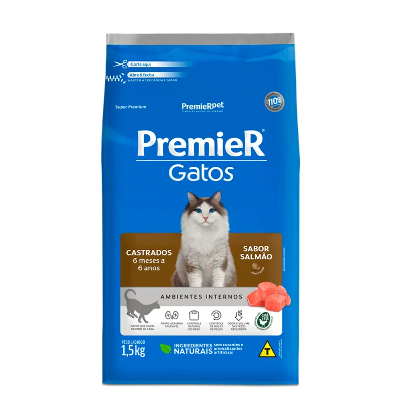 Ração Premier Ambientes Internos Gatos Castrados 6 Meses a 6 Anos Salmão 1, 5 kg