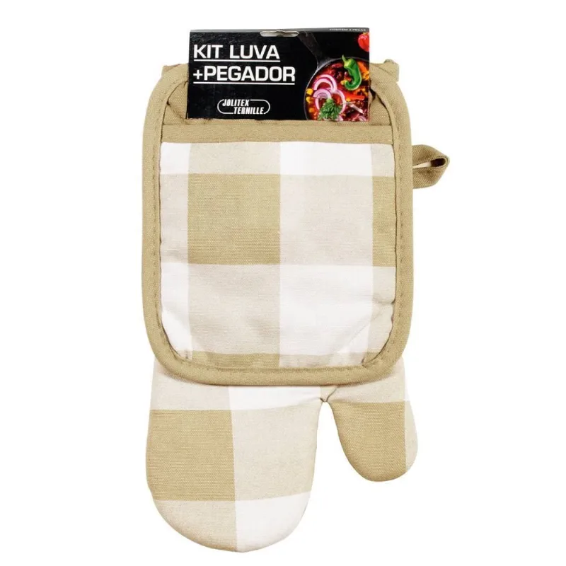 Kit Luva e Pegador de Panelas Jolitex - Xadrez Bege