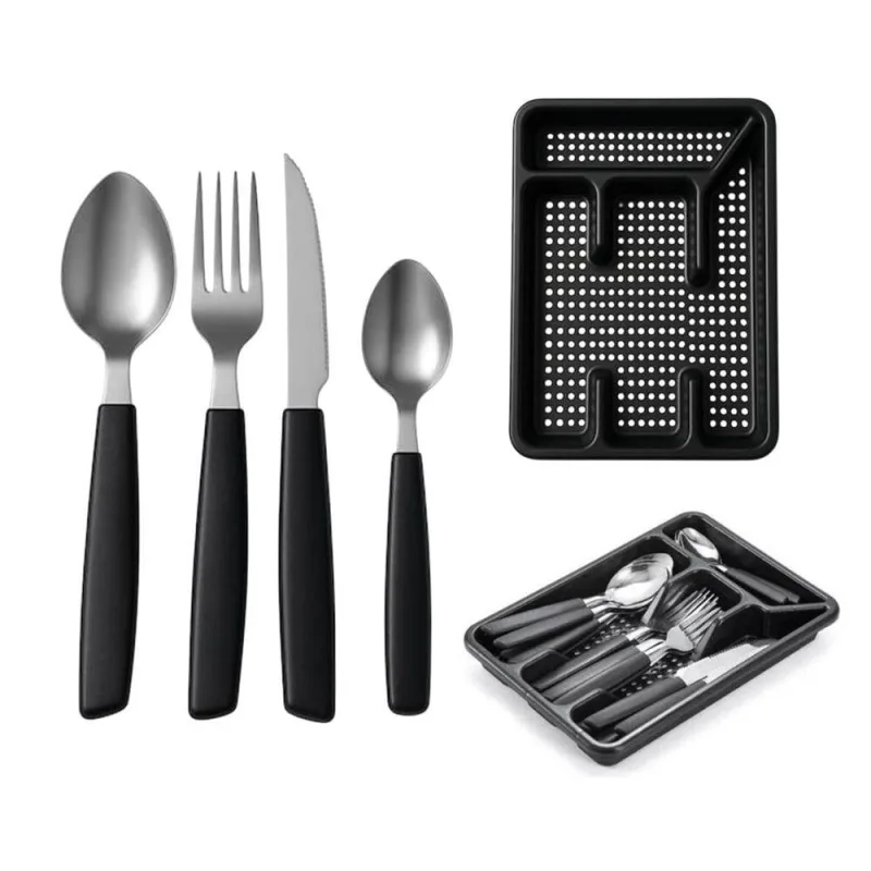 Faqueiro 24 Peças Com Suporte Gaveteiro Organizador De Talheres Baviera Preto Mek - Mek