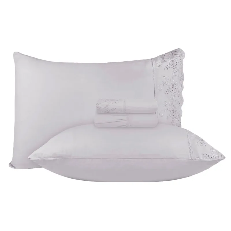 Jogo de Cama Casal Bordado Inglês Jolitex 4 Peças Toque de Seda Cinza