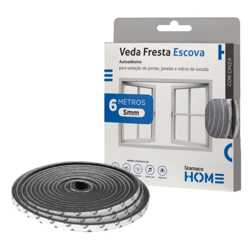 Veda Fresta Escova Cinza 5mm Stamaco Home Fita Vedação 6 Metros Protetor Janela Porta Autoadesivo 3M - Stamaco