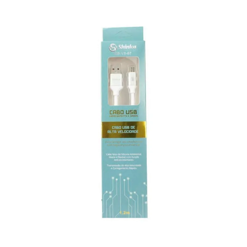 Cabo Micro Usb V8 Emborrachado 1.20 Metros Branco Shinka