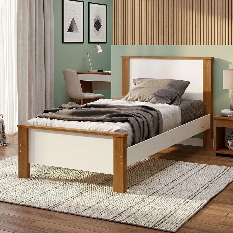 Cama Solteiro Mila com Colchão D23 Pés de Madeira Branco com Mel