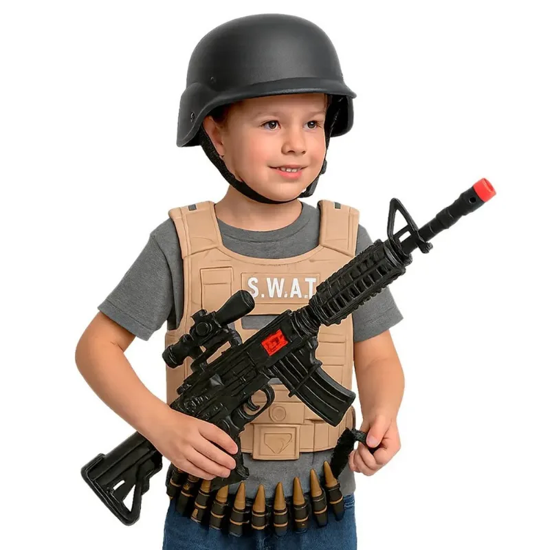 Kit Conjunto Infantil Policial Capacete Colete E Acessórios