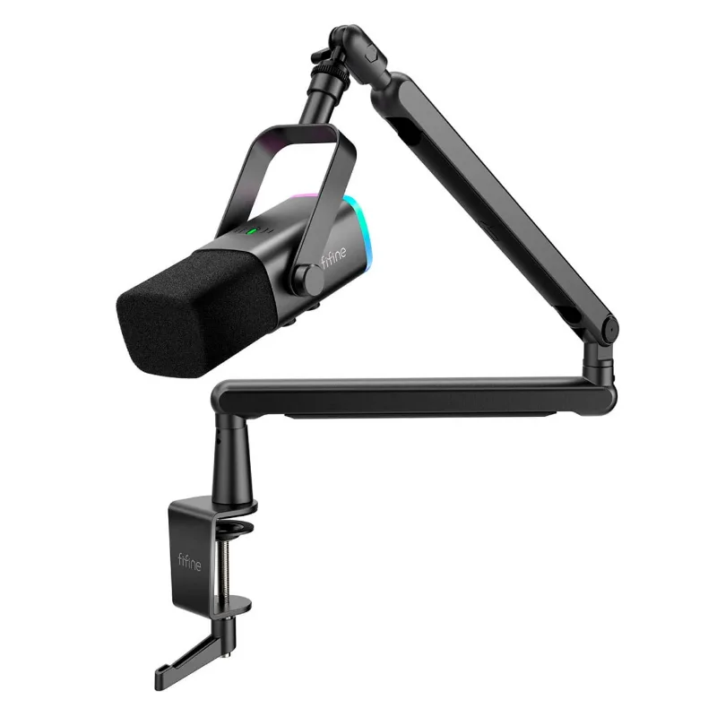 Kit Microfone Dinâmico Fifine Ampligame Tam8 16khz Rgb - Preto