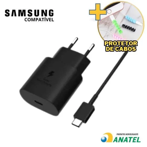 Carregador Para Samsung 45w Turbo Completo Cabo Usb Tipo C + Tomada Fonte Caixa Compatível S10 S20 S21 S22 Note 10 20 Galaxy Linhas A M + Protetor de - Não Disponível - Computadores E Informática