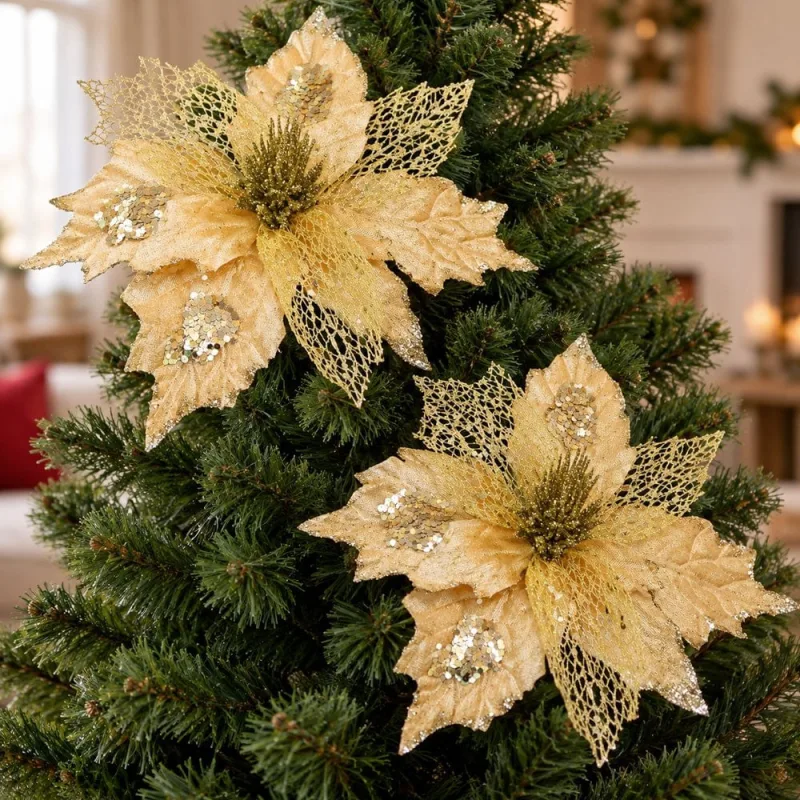 Flores Artificial Dourada Enfeite Natal Decoração 25cm 12 Peças - Genérico - Natal