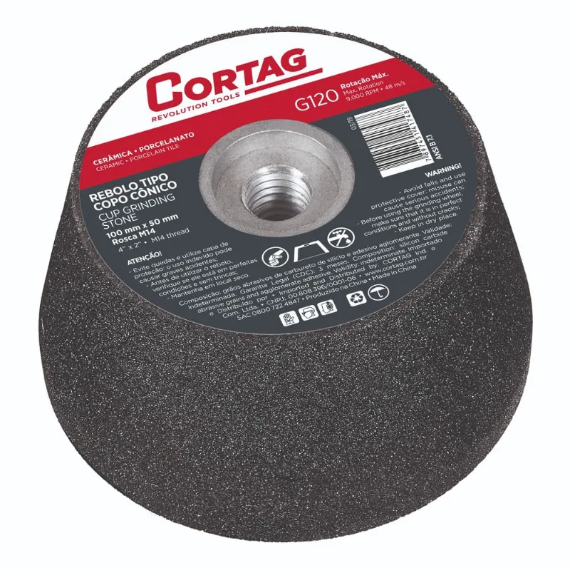 Rebolo Tipo Copo Conico Rosca M14 G120 75Mm Preto Cortag - Cortag