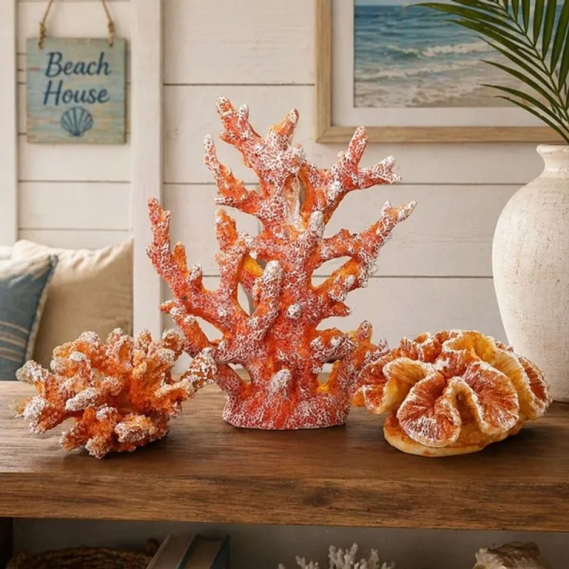 Coral Laranja Enfeite Casa De Praia Náutico Aquário Kit 3pçs