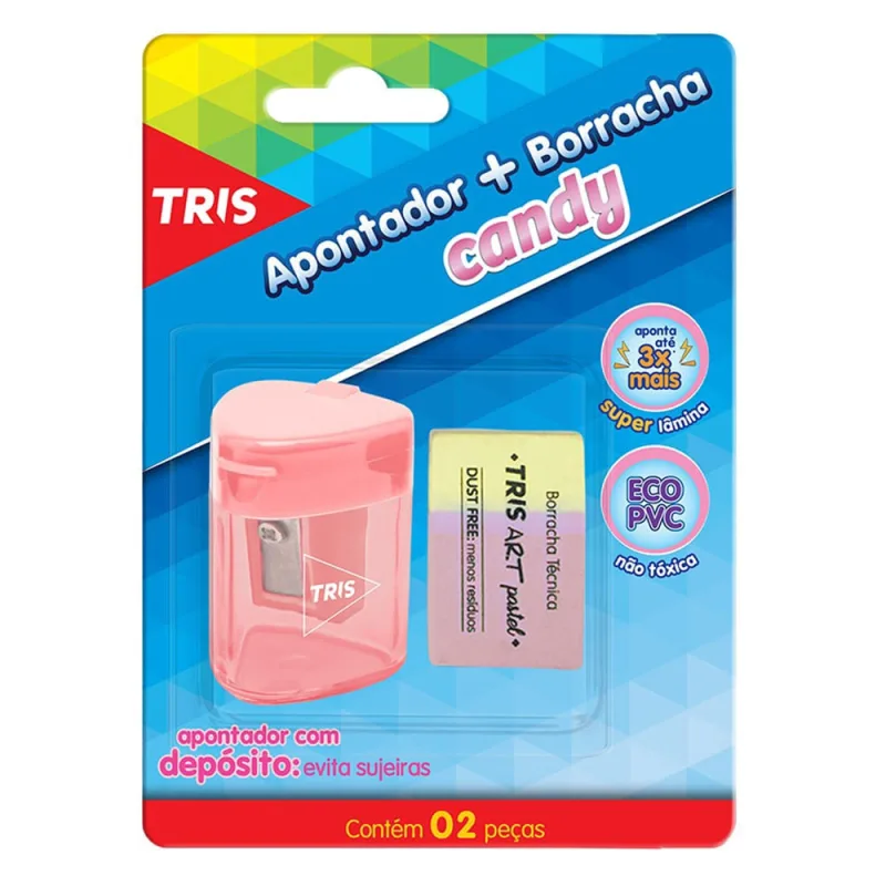 Kit Apontador e Borracha Candy 2 Peças Tris Rosa Pastel - Não Disponível - Papelaria