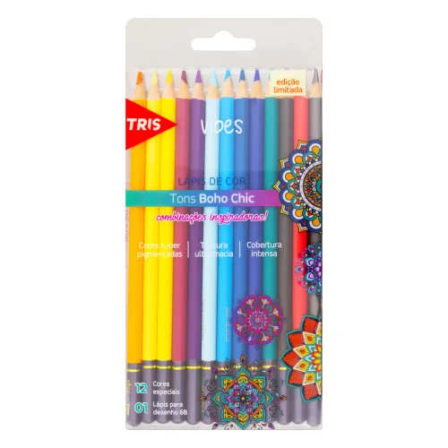 KIT 12 LÁPIS DE COR TONS BOHO CHIC 1 LÁPIS PARA DESENHO 6B TRIS VIBES - TRIS - Papelaria