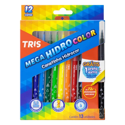 CANETINHA HIDROGRÁFICA COLORIDA TRIS MEGA HIDRO COLOR 13 UNIDADES GRÁTIS 1 CANETINHA PRETA - HIDRO