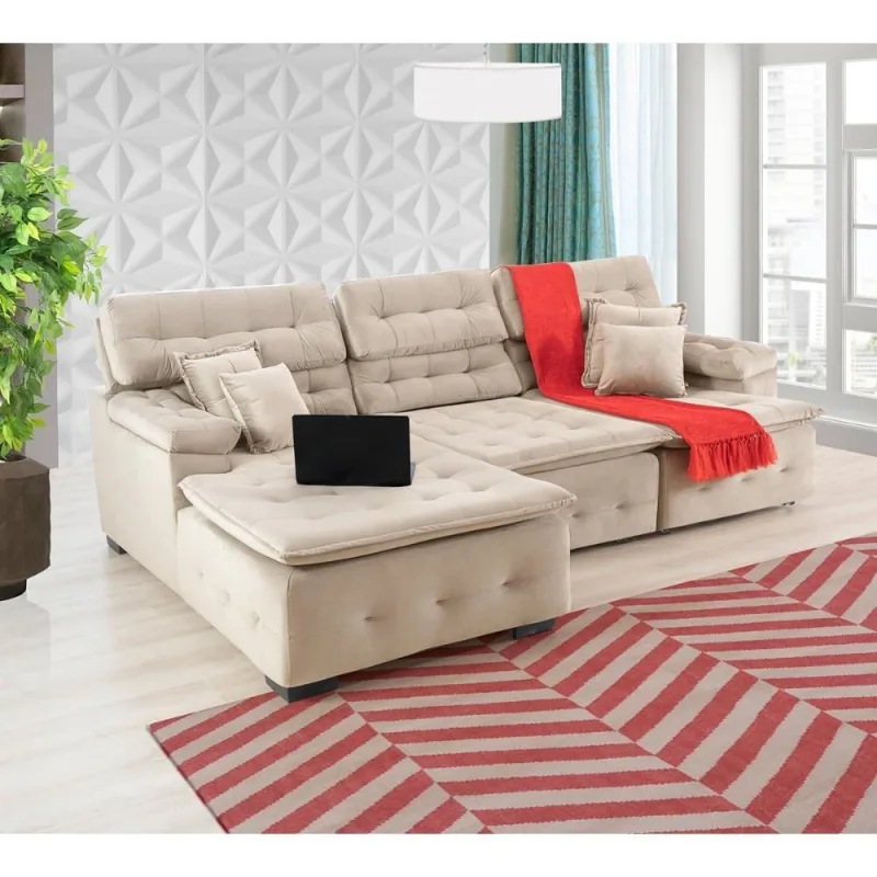 Sofá Retrátil e Chaise Orlando 280x190 Bege - OUTRAS