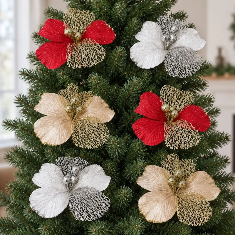 Flor Natalina Artificial Decoração Enfeite 20x13cm Kit 12pçs - Genérico - Natal