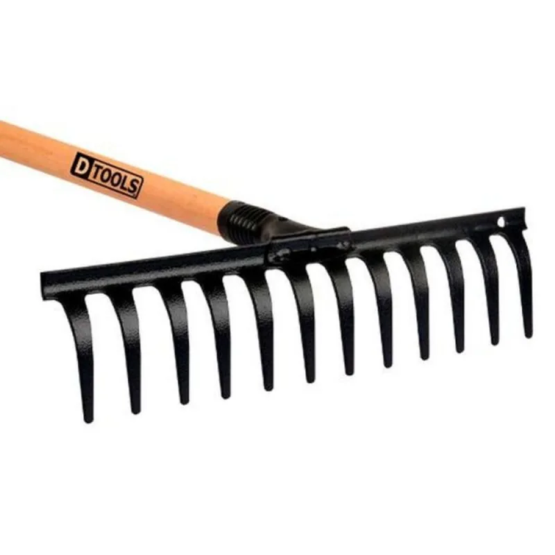 Ancinho Reforçado 14 Dentes Curvo com Cabo - DTOOLS 36,5x128cm - Para Jardins e Hortas
