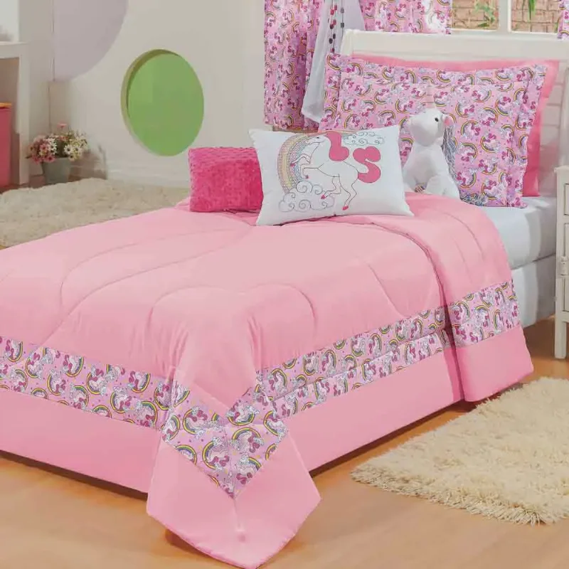 Kit Infantil Unicórnio para Cama de Solteiro Rosa 05 Peças - Bordados Ricardo