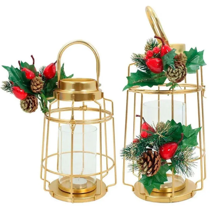 Kit 2 Lamparinas Natal Dourada Em Metal Decorativa 36cm 30cm