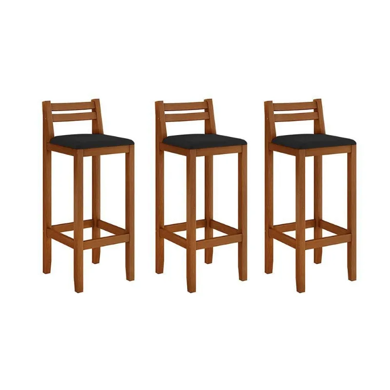 Kit 3 Banquetas Em Madeira Maciça Alta 98 Cm Com Encosto Ibiza - Malbec Assento Preto