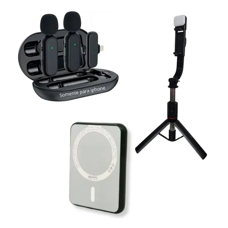 Kit Influencer Com Microfone De Lapella + Tripé E Carregador Magnético