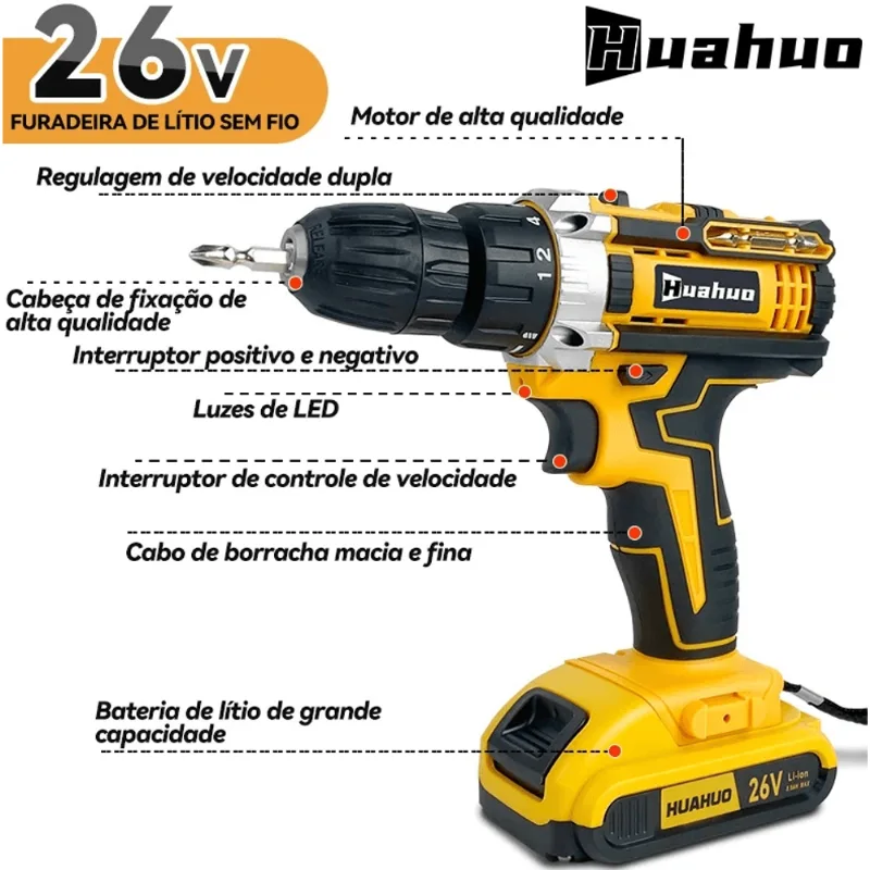 Furadeira E Parafusadeira 2 Baterias Sem Fio Com Maleta 26v Yellow