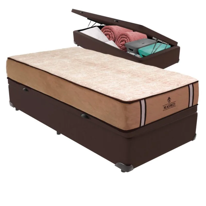 Cama Box com Baú Solteirão Bravus Pillow Top Molas Ensacadas Tecido Marrom Vtech - vtech - Colchões