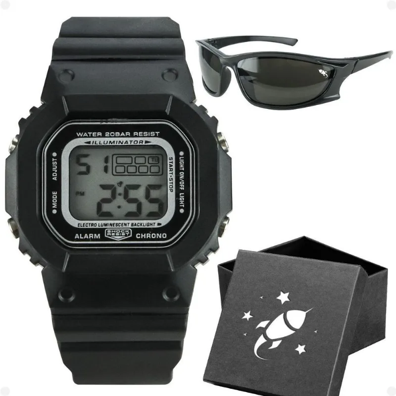 Relogio Infantil Digital Preto Menino Led + Oculos + Caixa