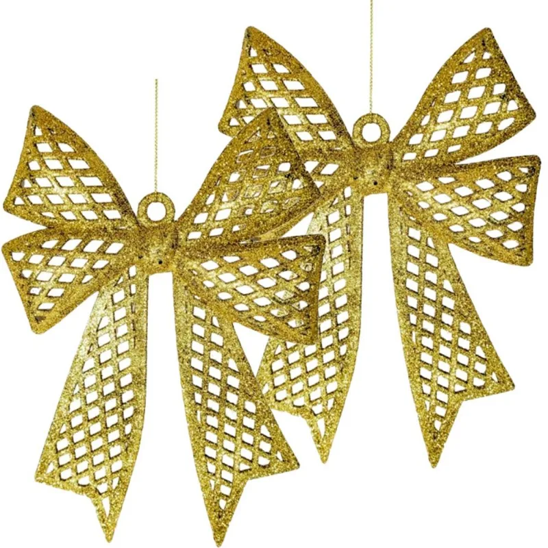 Kit 10 Enfeites Laço Dourado Glitter Árvore De Natal 24cm