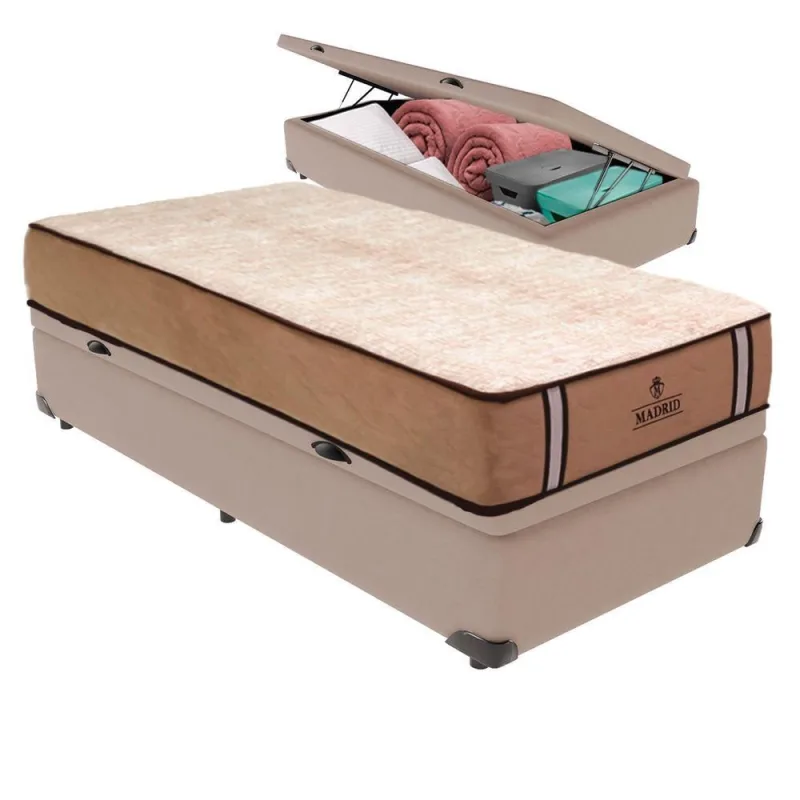 Cama Box com Baú Solteiro Madrid Pillow Top Molas Ensacadas Tecido Bege Vtech - vtech - Colchões