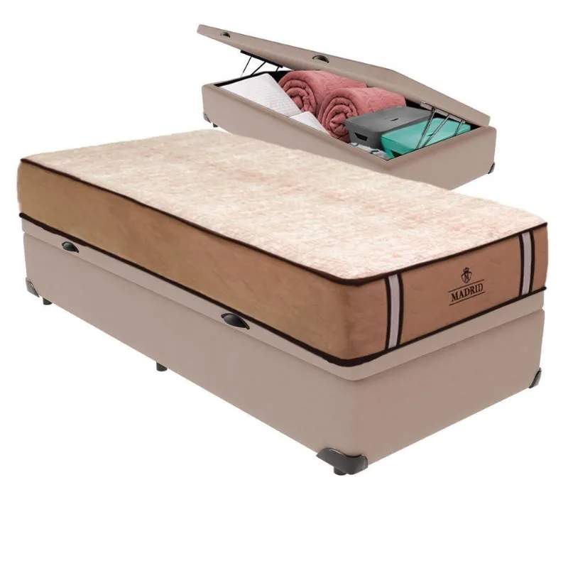Cama Box com Baú Solteiro Bravus Pillow Top Molas Ensacadas Tecido Bege Vtech
