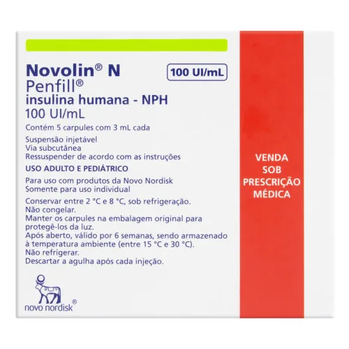 NOVOLIN N 100UI ML NOVO NORDISK PENFILL CAIXA 5 CARPULES 3ML CADA SUSPENSÃO INJETÁVEL - Novolin - Medicamentos E Saúde
