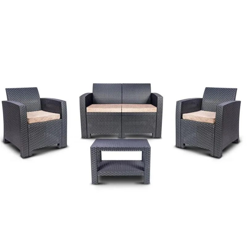 Conjunto Mesa Rattan Sofá+2 Poltronas Aquaplas Chumbo - AQUAPLAS - Moda