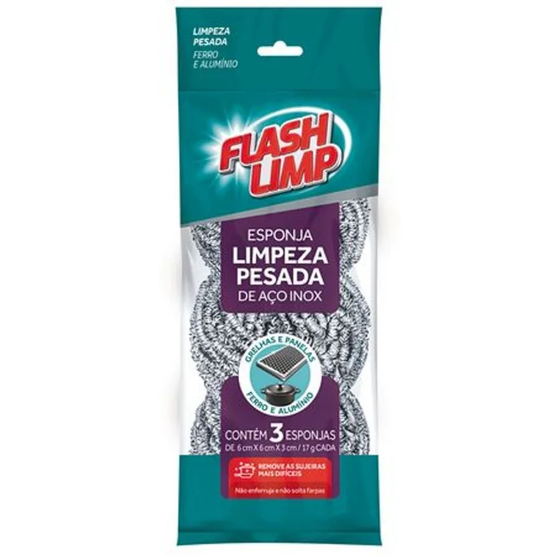 Esponja Inox Limpeza Pesada 3 Peças, Flash Limp