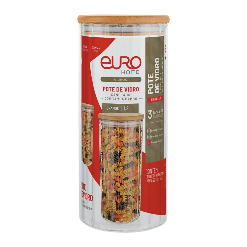 Pote Redondo Canelado Euro Home 1,2L Vidro com Tampa de Bambu Slim - Euro Home - Bebês
