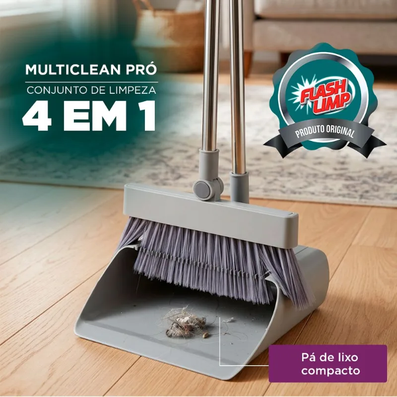 Vassoura 4 em 1 Multiclean PRO - Vassoura, Pá e Esfregão