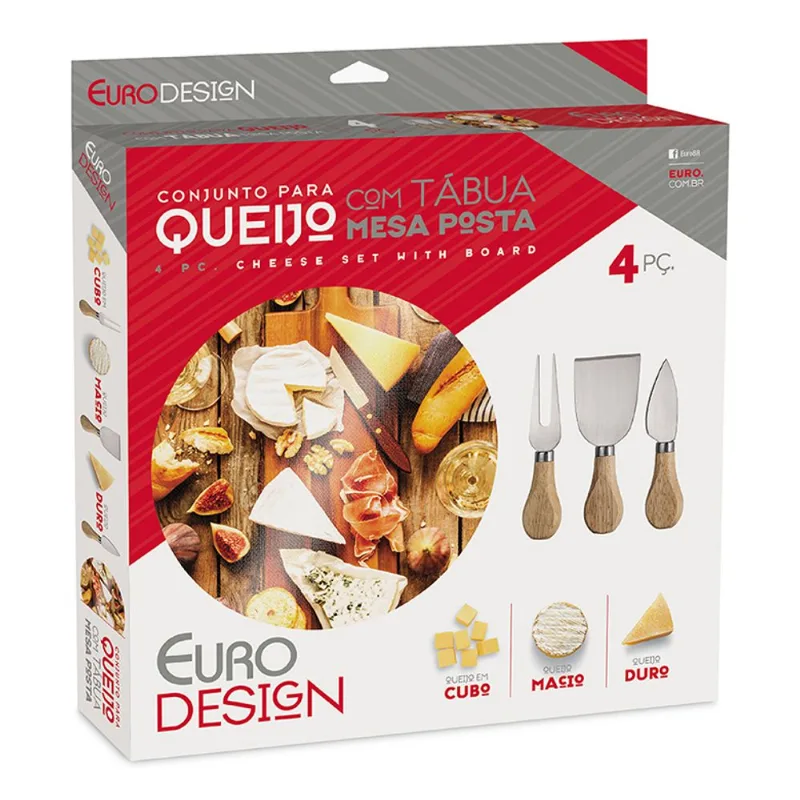 Conjunto Euro para Queijo com Tábua de Vidro 4 Peças